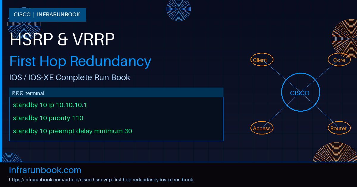 Cisco HSRP and VRRP Configuration: Complete Run Book for First Hop Redundancy on IOS/IOS-XE